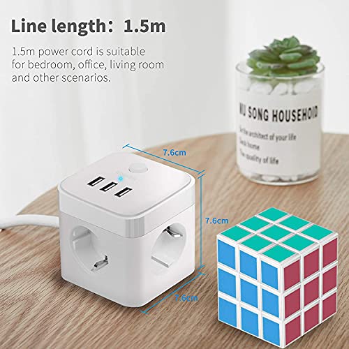 HOVNEE Cube Enchufe USB con 3 Puertos de USB y 3 Tomas Regleta Proteccion Sobretension Enchufe Alargador Multiple Carga para Samsung iPad iPhone Tablets - Cable 1.5 m (2500 W/10 A) (blanco)