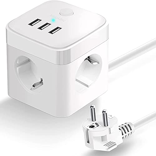 HOVNEE Cube Enchufe USB con 3 Puertos de USB y 3 Tomas Regleta Proteccion Sobretension Enchufe Alargador Multiple Carga para Samsung iPad iPhone Tablets - Cable 1.5 m (2500 W/10 A) (blanco)