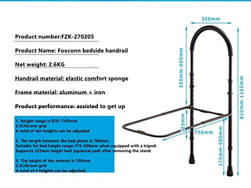 Huapa Asidero-barandilla Para Cama, Barandilla De Cama Con Bolsillo De Almacenamiento De Altura Ajustable Asistente De Cama,Fácil De Instalar Para Ancianos