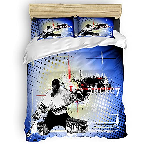 HUIJIE Ropa De Cama Para Niños Movimiento De Hockey Sobre Hielo 140X200CM Funda Nórdica De 4 Piezas Con Cremallera, Suave Y Cómodo Juego De Cama Con 1 Funda Nórdica + 1 Sábana + 2 Fundas De Almohada P