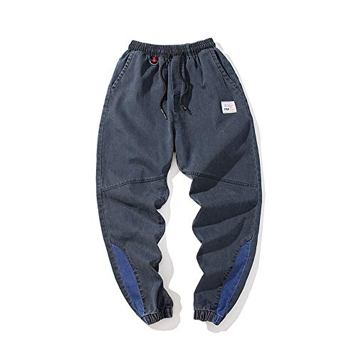 Huntrly Pantalones Vaqueros Holgados para Hombre, con cordón, Cintura elástica, Patchwork, pies en viga, Pantalones Harem Informales Lavados en Azul Vaquero para Todas Las Estaciones 4XL