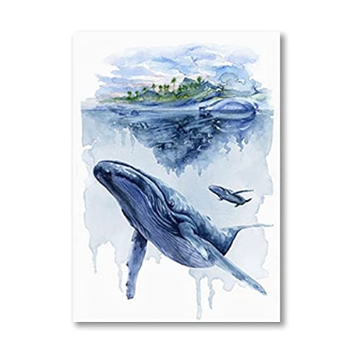 HWNU Arte De Pared De Lienzo Pintura de Ballena Azul, Impresiones artísticas, decoración de guardería, tiburón Ballena jorobada, Lienzo de Animales, póster, Imagen, decoración de baño Sin Marco