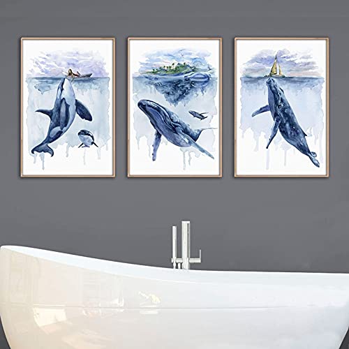 HWNU Arte De Pared De Lienzo Pintura de Ballena Azul, Impresiones artísticas, decoración de guardería, tiburón Ballena jorobada, Lienzo de Animales, póster, Imagen, decoración de baño Sin Marco