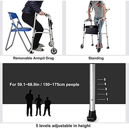 HYDT Andadores para Ancianos Altura Ajustable Andador Médico con Soporte Axilar, Andador para Personas Mayores/Discapacitados con Asiento y Ruedas, Carga 400 Libras