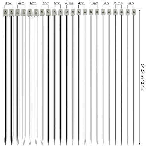 Hysagtek - Juego de 22 agujas de tejer de acero inoxidable con una sola punta de 35,5 cm, con bolsa de almacenamiento, varios tamaños de 2,0 a 8,0 mm (11 pares, 11 tamaños)