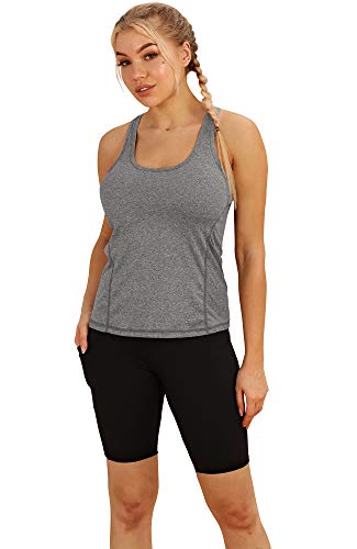 icyzone Camiseta de Fitness Deportiva de Tirantes para Mujer, Pack de 3 (XS, Negro/Gris/Blanco)