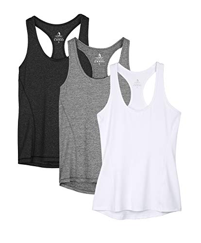 icyzone Camiseta de Fitness Deportiva de Tirantes para Mujer, Pack de 3 (XS, Negro/Gris/Blanco)