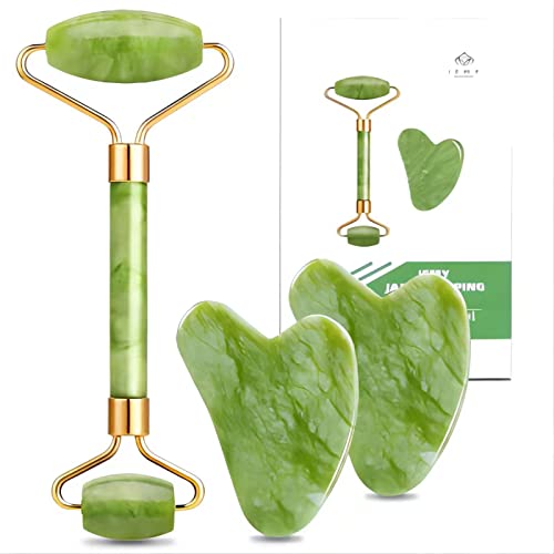 IEMY® Gua Sha Rodillo Jade Set de Masaje Facial, Masajeador Anti Arrugas, Reducción de Ojeras, Arruga para Cara, Ojo, Cuello, Desinflama, Anti Envejecimiento, rejuvenece La Piel Belleza, verde