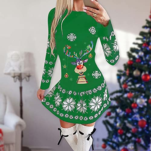 IHGWE Vestido de Navidad para mujer con diseño de muñeco de nieve, con un hombro, estampado de alce de Navidad, retro, swing verde L