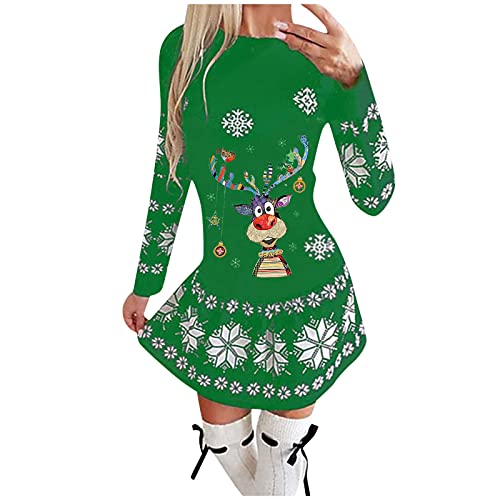 IHGWE Vestido de Navidad para mujer con diseño de muñeco de nieve, con un hombro, estampado de alce de Navidad, retro, swing verde L