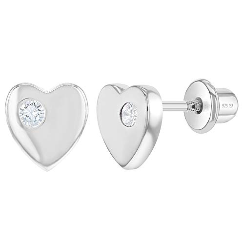 In Season Jewelry Plata Fina 925 Clara Circonita Corazón Tornillo Espalda De Bloqueo Pendientes - Niños, Mejores Pendientes Del Corazón Para Las Niños, Excelente Regalo Para Todas Las Ocasiones