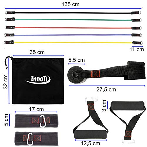 InnoTi Bandas Elásticas de Musculación y Fitness - Gomas Elásticas para Crossfit y Gimnasio en Casa - Set de Tubos de Resistencia de Latex - Asas y Cintas de Tobillos Acolchadas y Anclaje de Puerta