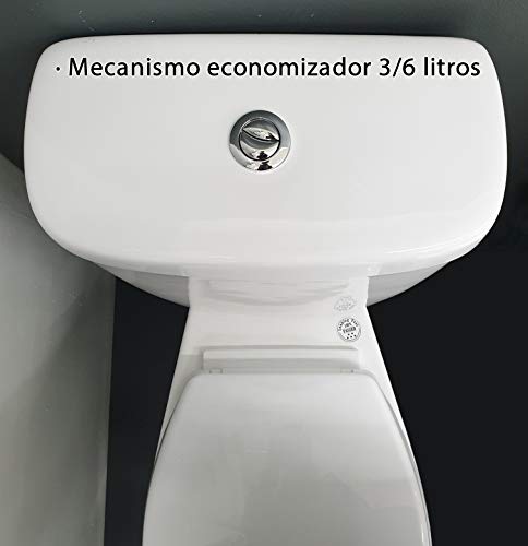 Inodoro RITTO de Dos Piezas. Versión con Salida Horizontal. De Cerámica Blanca. Entrada de Agua Inferior a Izquierda o Derecha. Mecanismo Economizador 3/6. Tapa Y Asiento con caída amortiguada.