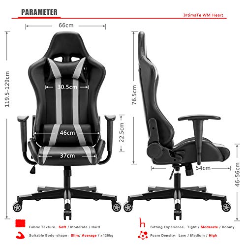 IntimaTe WM Heart Silla Gaming, Silla Gaming Ergonómica Silla de Escritorio de Oficina Racing Silla Computadora Respaldo Alto Cojín Lumbar & Cabeza Almohada Gris