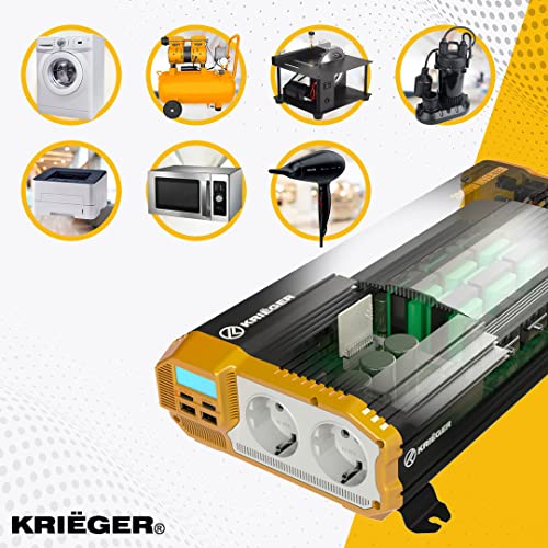 Inversor de Corriente Krieger 1500 Vatios Onda Modificada, Transformador / Convertidor 12V a 220V Portatil para Coche, 2 Puertos USB y 2 Tomas CA, Incluye Kit de Instalación - Aprobado bajo SGS y CE