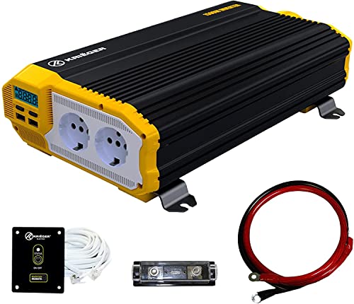 Inversor de Corriente Krieger 1500 Vatios Onda Modificada, Transformador / Convertidor 12V a 220V Portatil para Coche, 2 Puertos USB y 2 Tomas CA, Incluye Kit de Instalación - Aprobado bajo SGS y CE