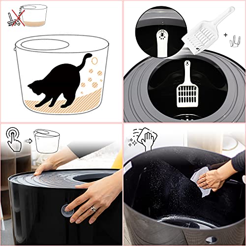 Iris Ohyama, Bandeja de arena para gatos con tapa ranurada, sin olores ni derrames de basura, entrada grande L26,7 x W22,9 cm, cuchara incluida, para gato - Cat Litter Box Jump-in PUNT-530 - Negro