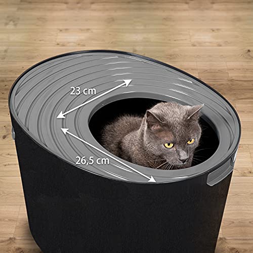 Iris Ohyama, Bandeja de arena para gatos con tapa ranurada, sin olores ni derrames de basura, entrada grande L26,7 x W22,9 cm, cuchara incluida, para gato - Cat Litter Box Jump-in PUNT-530 - Negro