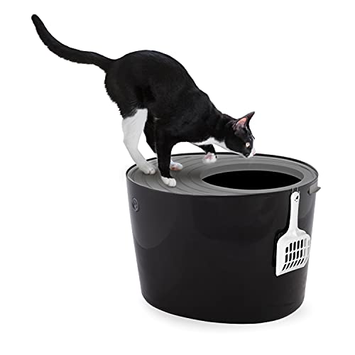 Iris Ohyama, Bandeja de arena para gatos con tapa ranurada, sin olores ni derrames de basura, entrada grande L26,7 x W22,9 cm, cuchara incluida, para gato - Cat Litter Box Jump-in PUNT-530 - Negro