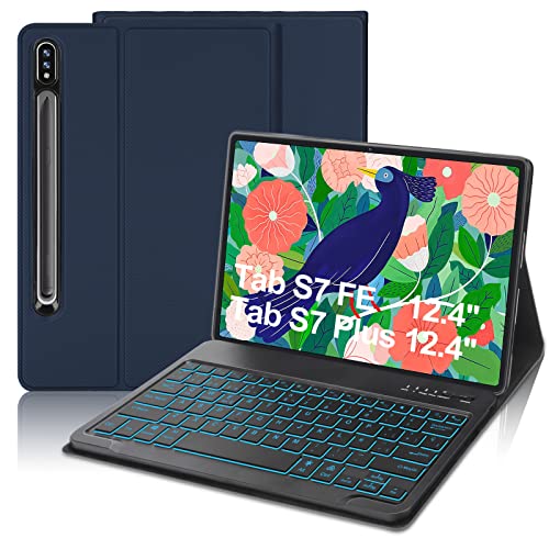 IVEOPPE Funda con Teclado para Samsung Galaxy Tab S7 FE/S7 Plus 12.4'',Teclado Bluetooth Retroiluminada Español Ñ con Cubierta Tipo de PU para SM-T970/T975/T976/T978/T730/T733/T736/T738 (Azul Oscuro)