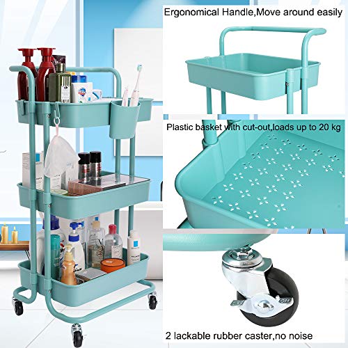 Jakago Carrito de cocina con ruedas, 3 niveles, cesta de almacenamiento de capacidad de 150 libras con 2 estantes de rueda con cerradura para el hogar, oficina, cocina, baño, salón de belleza