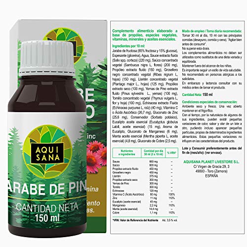 Jarabe de Pino Natural 300 ml| Jarabe Natural para la Tos|Jarabe con Equinacea + Propóleo +Vitaminas|Ayuda a reducir la Tos| Aquisana