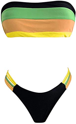 JFAN Mujer Conjunto de Bikini Dividido Colorido Rayas Sin Tirantes Cosido Sujetador Acolchado Sin Respaldo Push-up Bikinis Bottoms Ropa de Playa Traje de Baño(Verde Amarillo,XL)