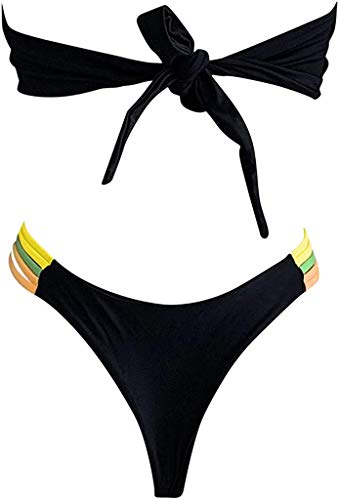 JFAN Mujer Conjunto de Bikini Dividido Colorido Rayas Sin Tirantes Cosido Sujetador Acolchado Sin Respaldo Push-up Bikinis Bottoms Ropa de Playa Traje de Baño(Verde Amarillo,XL)