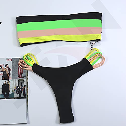 JFAN Mujer Conjunto de Bikini Dividido Colorido Rayas Sin Tirantes Cosido Sujetador Acolchado Sin Respaldo Push-up Bikinis Bottoms Ropa de Playa Traje de Baño(Verde Amarillo,XL)