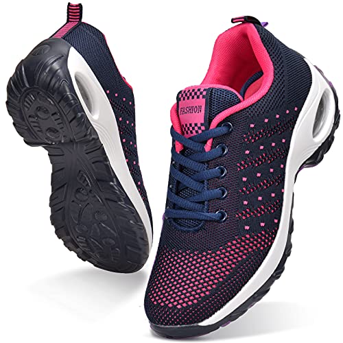 JIANKE Zapatillas Deportivas de Mujer Transpirables y Ligero Zapatos de Malla Cojín de Aire Antideslizantes Shekers Azul Rojo, 39 EU