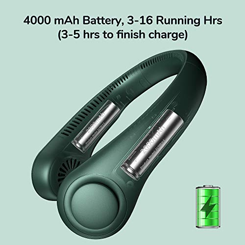 JISULIFE Ventilador de Cuello Portátil, 4000 mAh Ventilador Cuello USB Recargable con, Ventilador de Cuello Colgante Sin Hojas con 3 Velocidades-Verde Oscuro