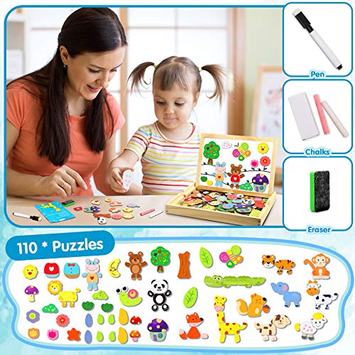 Jojoin 110 pcs Puzzles de Madera Magnética, Juguete Madera con Pizarra Magnética para Dibujo de Doble Cara, Juguete Educativo de Rompecabezas y Dibujo para NIños de 3 4 5 Años (Animales en Bosque)