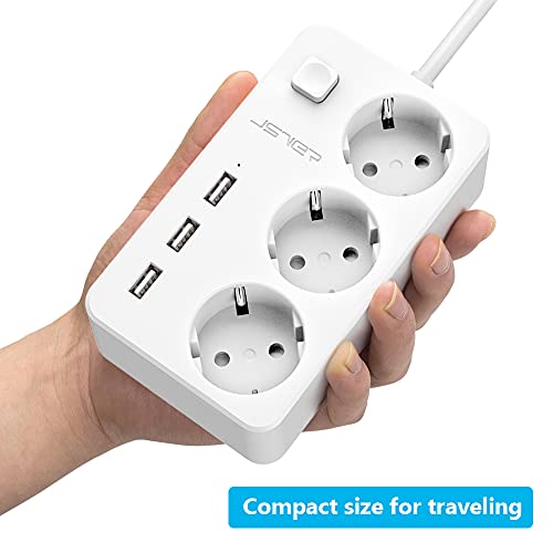 JSVER Regleta Enchufe de 3 Tomas, Regletas electricas 3 Puertos de Rápida USB(5V/3,1A), Regletas Múltiples con Protección contra Sobrecargas y Interruptores para Viajes en Casa, 1,5M-Blanco