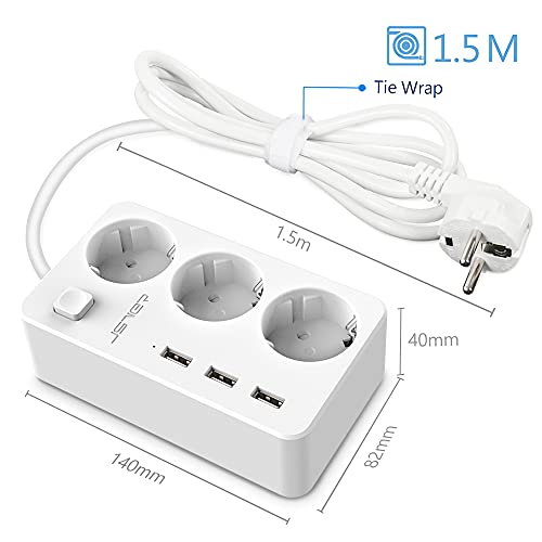 JSVER Regleta Enchufe de 3 Tomas, Regletas electricas 3 Puertos de Rápida USB(5V/3,1A), Regletas Múltiples con Protección contra Sobrecargas y Interruptores para Viajes en Casa, 1,5M-Blanco