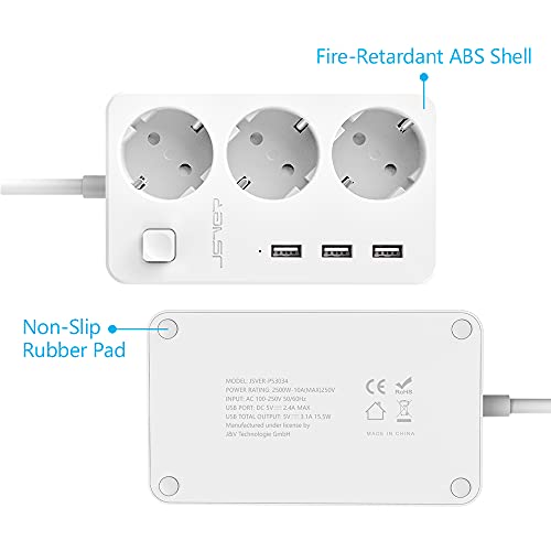 JSVER Regleta Enchufe de 3 Tomas, Regletas electricas 3 Puertos de Rápida USB(5V/3,1A), Regletas Múltiples con Protección contra Sobrecargas y Interruptores para Viajes en Casa, 1,5M-Blanco