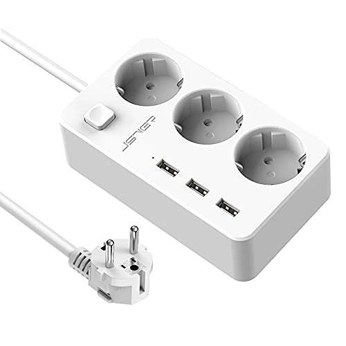 JSVER Regleta Enchufe de 3 Tomas, Regletas electricas 3 Puertos de Rápida USB(5V/3,1A), Regletas Múltiples con Protección contra Sobrecargas y Interruptores para Viajes en Casa, 1,5M-Blanco