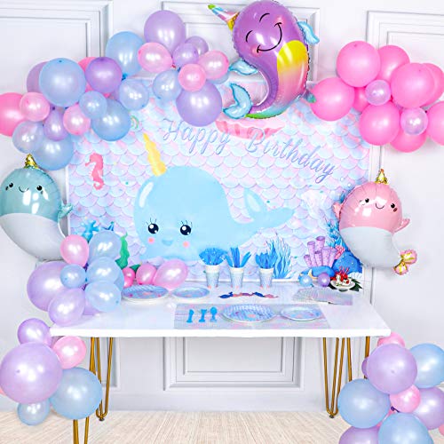 Juego de 218 piezas de Narwhal suministros de fiesta, vajilla Narwhal, platos, servilletas, vasos, cubiertos, ballena, unicornio del océano, globos para magdalenas para cumpleaños de niñas, sirve 16