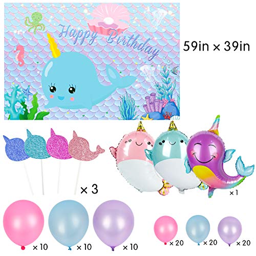 Juego de 218 piezas de Narwhal suministros de fiesta, vajilla Narwhal, platos, servilletas, vasos, cubiertos, ballena, unicornio del océano, globos para magdalenas para cumpleaños de niñas, sirve 16