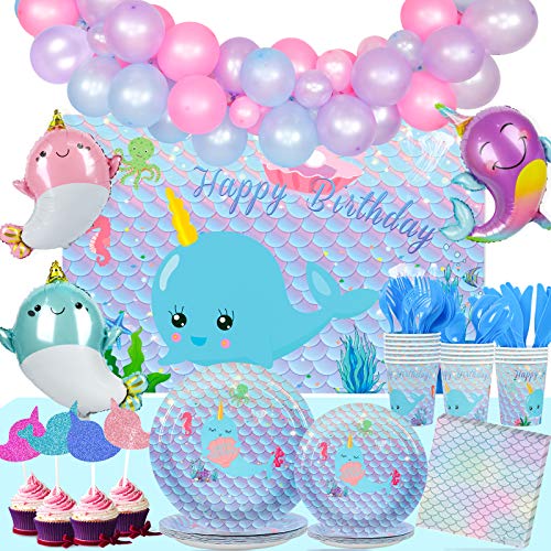 Juego de 218 piezas de Narwhal suministros de fiesta, vajilla Narwhal, platos, servilletas, vasos, cubiertos, ballena, unicornio del océano, globos para magdalenas para cumpleaños de niñas, sirve 16