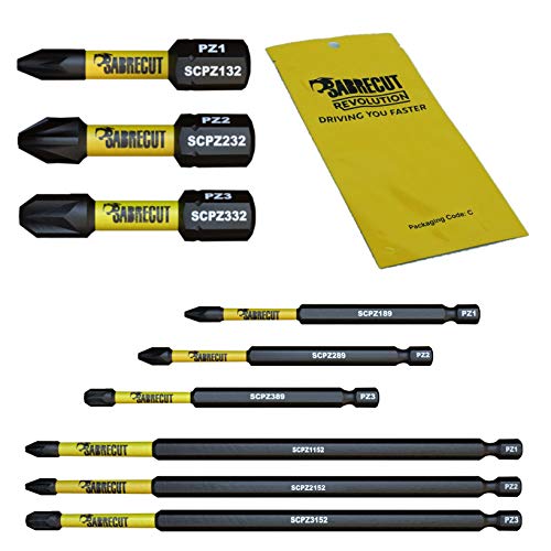 Juego de 9 brocas de atornillador taladro SabreCut SCRK9PZ 32 mm, 89 mm, 152 mm, PZ1 PZ2 PZ3, puntas de impacto magnéticos Pozidriv™ de gran resistencia para Dewalt, Milwaukee, Bosch, Makita y más.