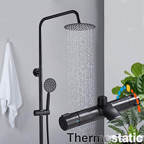 Juego de grifería de ducha termostática negra para baño Conjunto de latón completo Lluvia 8 pulgadas Cabezal de ducha Ducha Grúa bañera caño Grifería monomando