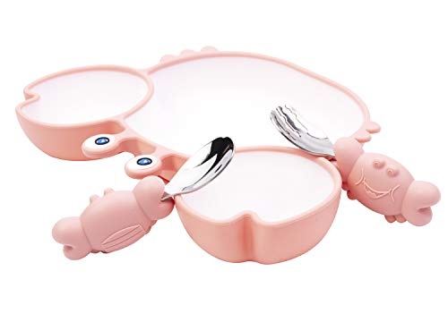 Juego de tenedor y cuchara para bebé, fácil agarre para bebés, niños, silicona y acero inoxidable, perfecto para auto-alimentación, 12 meses + (rosa cangrejo)