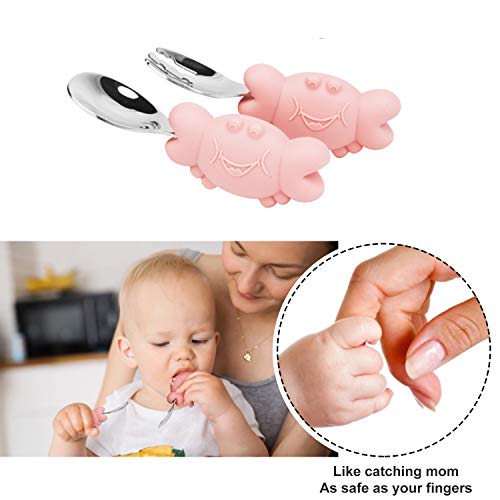 Juego de tenedor y cuchara para bebé, fácil agarre para bebés, niños, silicona y acero inoxidable, perfecto para auto-alimentación, 12 meses + (rosa cangrejo)