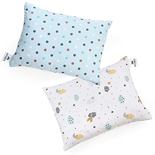 JUNIO Pack de 2 Almohada Para Niños de Micro esferas finas, Almohada relleno de Fibra hueca recubiertos de silicona lavable 30x40 cm, Funda de almohada para bebé de algodón