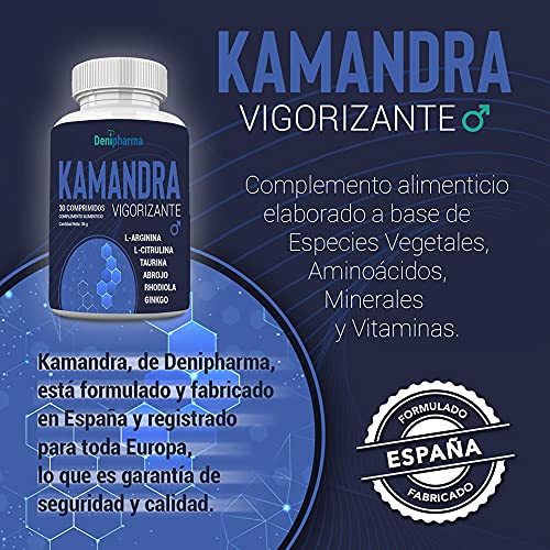 Kamandra - 30 comprimdos | Vigorizante masculino de alta eficacia | 1 comprimido al día | L-arginina - L-Citrulina - Taurina - Abrojo - Rhodiola - Ginkgo