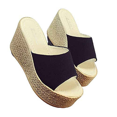 KaO0YaN Boca de pescado zapatillas frescas fondo grueso pepson sandalias de playa de gran tamaño con tacones altos de las señoras-black_EU35wedge sandalias de la muleta