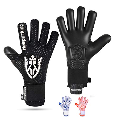 Keeperking Guantes de portero para adultos, guantes de fútbol para hombre, costuras interiores, agarre profesional, 4 mm, ajuste fijo, unisex, Jonior (8, negro), color negro