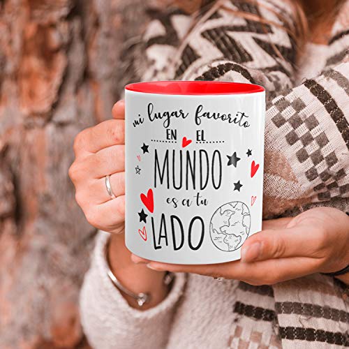 Kembilove Tazas de Desayuno para Parejas – Taza de Café Rojas con Mensaje Mi lugar favorito en el mundo es a tu lado – Regalos Originales para Regalar en San Valentín