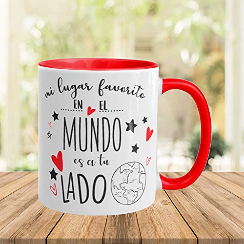 Kembilove Tazas de Desayuno para Parejas – Taza de Café Rojas con Mensaje Mi lugar favorito en el mundo es a tu lado – Regalos Originales para Regalar en San Valentín