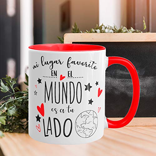 Kembilove Tazas de Desayuno para Parejas – Taza de Café Rojas con Mensaje Mi lugar favorito en el mundo es a tu lado – Regalos Originales para Regalar en San Valentín